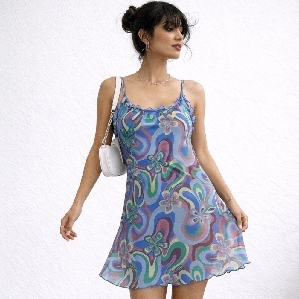 SO Size S Multicolor Retro Swirl Mini Dress Ruffle Festival